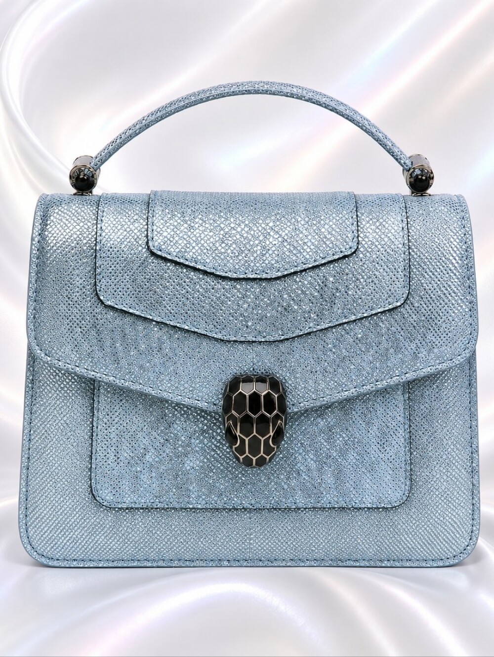 Bvlgari Serpenti Forever Top Handle Baby Blue & Silver Karung skin.  With Gift.